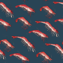 Shrimp. Tiger shrimp, seafood ingredient, isolated, watercolor illustration on white. Pattern