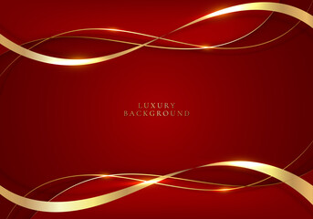 Elegant 3D abstract golden ribbon and wave lines on red background - 483735679