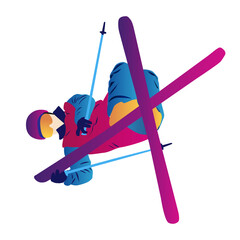 abstract man ski jumping on a blue background. Ski Jumping, Freeski Big Air, Freeski Halfpipe - obrazy, fototapety, plakaty