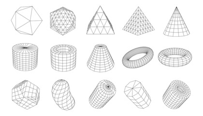 A set of geometric shapes from a wireframe. A collection of miscellaneous objects for use in HUD design. Network line concept. Creative abstract geometric shapes. Vector illustration.