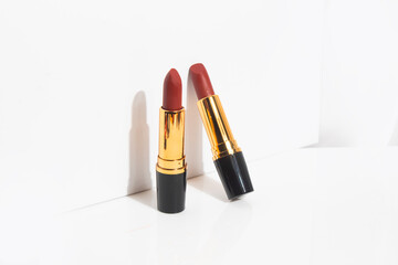 mockup of lipstick cosmetic makeup product, branding of beauty fashion, red rose lips on white...