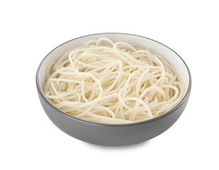Bowl of tasty cooked rice noodles isolated on white
