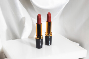 mockup of lipstick cosmetic makeup product, branding of beauty fashion, red rose lips on white...