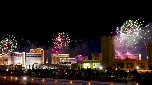 New Year celebration fireworks on Las Vegas strip on January 1, 2022 in Las Vegas, Nevada.