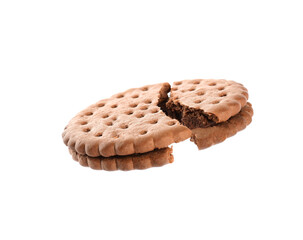 Broken tasty chocolate sandwich cookie with cream on white background