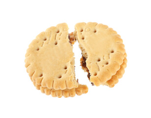 Broken tasty sandwich cookie with cream on white background