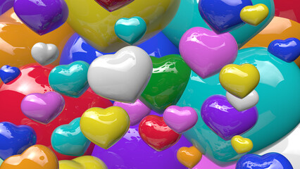 various sizes of Multicolored shinny hearts scattered in the air