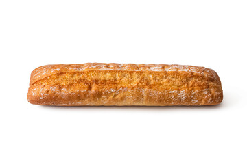 Golden baguette with crispy crust on a white background