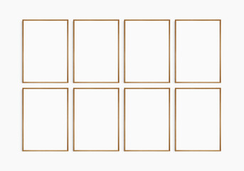 Frame mockup 5x7, 50x70, A4, A3, A2, A1. Set of eight thin cherry wood frames. Gallery wall mockup, set of 8 frames. Clean, modern, minimalist, bright. Portrait. Vertical. - obrazy, fototapety, plakaty