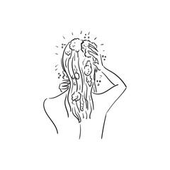 A beautiful woman stands with her back and washes her hair with shampoo. Linear illustration. Stock  illustration isolated on white background.