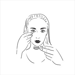 A woman puts on or removes eye lenses. Stock illustration isolated on white background.