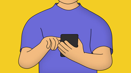 Close up no face cartoon man character in blue t-shirt  use smartphone on isolated yellow background. 