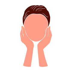 A beautiful young woman holds her hands near her face. Beauty industry concept. Stock modern flat illustration isolated on a white background.Girl washing her face or applying a cosmetic.