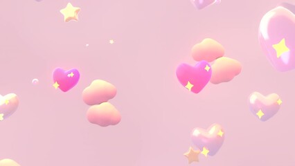 Looped cartoon animation of hearts with diamond stars in the pastel peach color sky. - Powered by Adobe