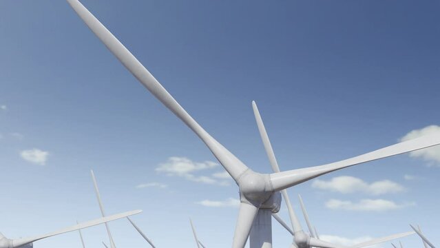 Rotation of wind turbine blades. Blue sky on background. Green energy production, wind farm. Alternative, renewable sources generating. Aerial view. Ecology. Realistic 3D Render concept 4K animation