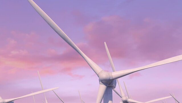 Rotation of wind turbine blades. Sunset sky on background. Green energy production, wind farm. Alternative, renewable sources generating. Aerial view. Ecology. Realistic 3D Render concept 4K animation