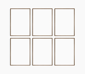 Frame mockup 5x7, 50x70, A4, A3, A2, A1. Set of six thin dark brown walnut wood frames. Gallery wall mockup, set of 6 frames. Clean, modern, minimalist, bright. Portrait. Vertical.
