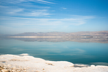 typical landscape on the shore of the Dead Sea, salt sea, Israel,