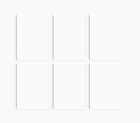 Frame mockup 5x7, 50x70, A4, A3, A2, A1. Set of six thin white frames. Gallery wall mockup, set of 6 frames. Clean, modern, minimalist, bright. Portrait. Vertical.