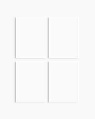 Frame mockup 5x7, 50x70, A4, A3, A2, A1. Set of four thin white frames. Gallery wall mockup, set of 4 frames. Clean, modern, minimalist, bright. Portrait. Vertical.