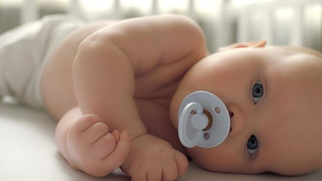 Adorable cute naked toddler suck pacifier relaxing lying on bed feeling calmness