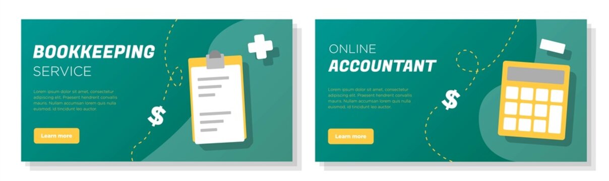 Online accountant banner template set, bookkeeping business advertisement, financial help service website page, flyer, card, isolated on background