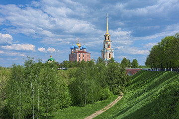 View on Ryazan Kremlin from the high bank of Trubezh river, Russia. From left to right: Cathedral...