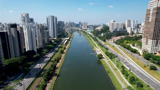 Downtown Sao Paulo Brazil. Cityscape of famous Pinheiros highway road. Enterprise buildings offices at downtown district. Business travel. Financial centre.