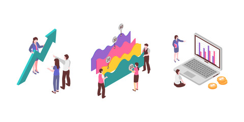 Business Analyst Set With Diagrams Charts Isometric Isolated