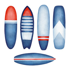 Watercolor Surfboards set. Collection of various Surfing and Kiting Boards. Summer Ocean Beach Vacations. Extreme Water Sport and Sea Travel. Hand drawn design elements isolated on white background