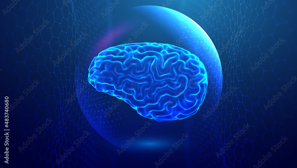 Aufkleber brain power blue technology illustration. artificial intelligence data analytics. 3d rendering. hexa