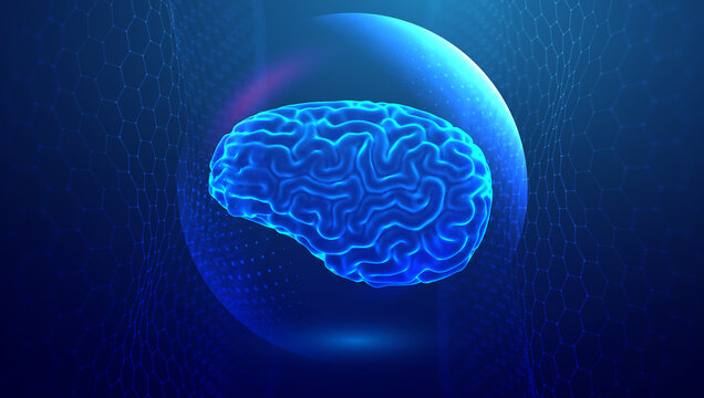 Brain power blue technology illustration. Artificial intelligence data analytics. 3d rendering. Hexagon wave background.