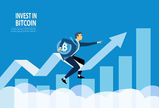 Male trader holds bitcoin. Businessman flying up on arrow. Invest in bitcoin. Fast growth of bitcoin rate, earnings on cryptocurrency. Trading on stock market, landing page template