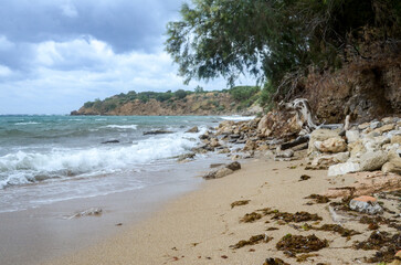 sea storm on sand beach 