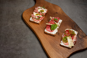 Crostini with sour cream, cheese, bacon, prosciutto, herbs, blue cheese. banner, space for your text, copy space, negative space