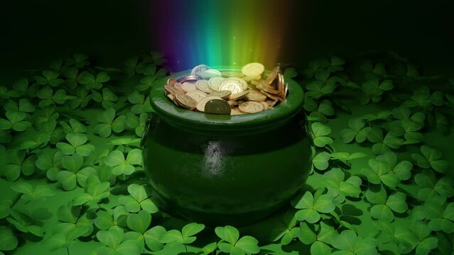 Saint Patrick’s day greeting. Pot full of golden coins rotation, bright rainbow, green clover leaves on ground. Traditional Irish symbol of success, luck. Leprechaun’s gold. Celebrative 3D Render clip