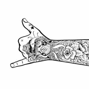 Tattooed hand shows shaka gesture, hand drawn vector illustration