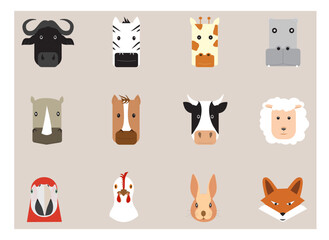 Set of portraits of animals in the form of icons (vector illustration - symbols)	
