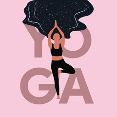 Concept of woman practicing yoga for relaxation, mindfulness, health. Vector illustration