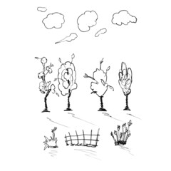 Simple lineart trees gardens and clouds set