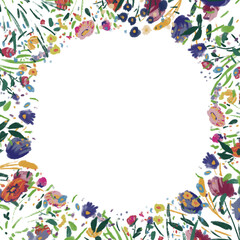 Greeting card with watercolor flowers. Abstract round floral frame. Botanical hand drawn border.