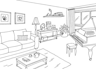 Fototapeta premium Living room graphic black white home interior sketch illustration vector 
