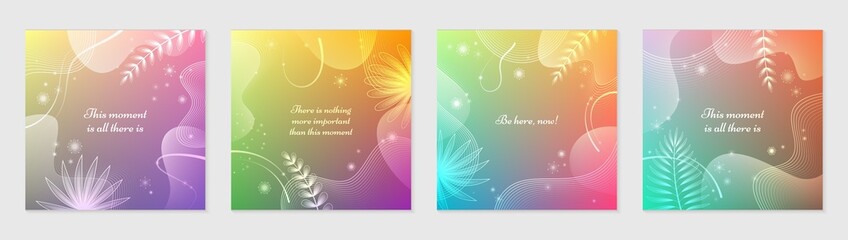 Vector set of bright square gradient covers with palm leaves and liquid shapes. Design of flyers, banners, card for products of yoga, mental health, meditation and concept with positive vibes.