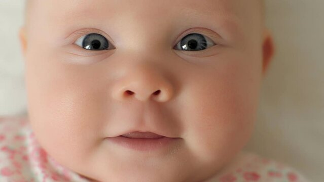 Extreme close up face of cute baby toddler with perfect tender skin and blue eyes