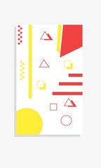 The bright colorful Memphis trend of geometric patterns sets juxtaposed with squiggles, erratic images. Composition of design background elements. Magazines, leaflets, billboards.