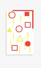The bright colorful Memphis trend of geometric patterns sets juxtaposed with squiggles, erratic images. Composition of design background elements. Magazines, leaflets, billboards.
