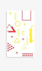 The bright colorful Memphis trend of geometric patterns sets juxtaposed with squiggles, erratic images. Composition of design background elements. Magazines, leaflets, billboards.