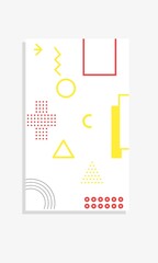 The bright colorful Memphis trend of geometric patterns sets juxtaposed with squiggles, erratic images. Composition of design background elements. Magazines, leaflets, billboards.