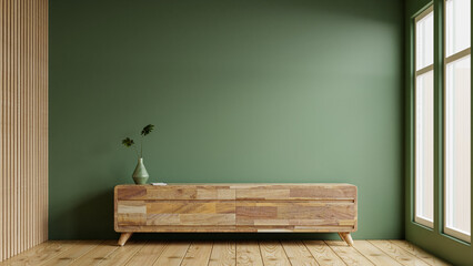 Green color wall background,Modern living room decor with a tv cabinet.