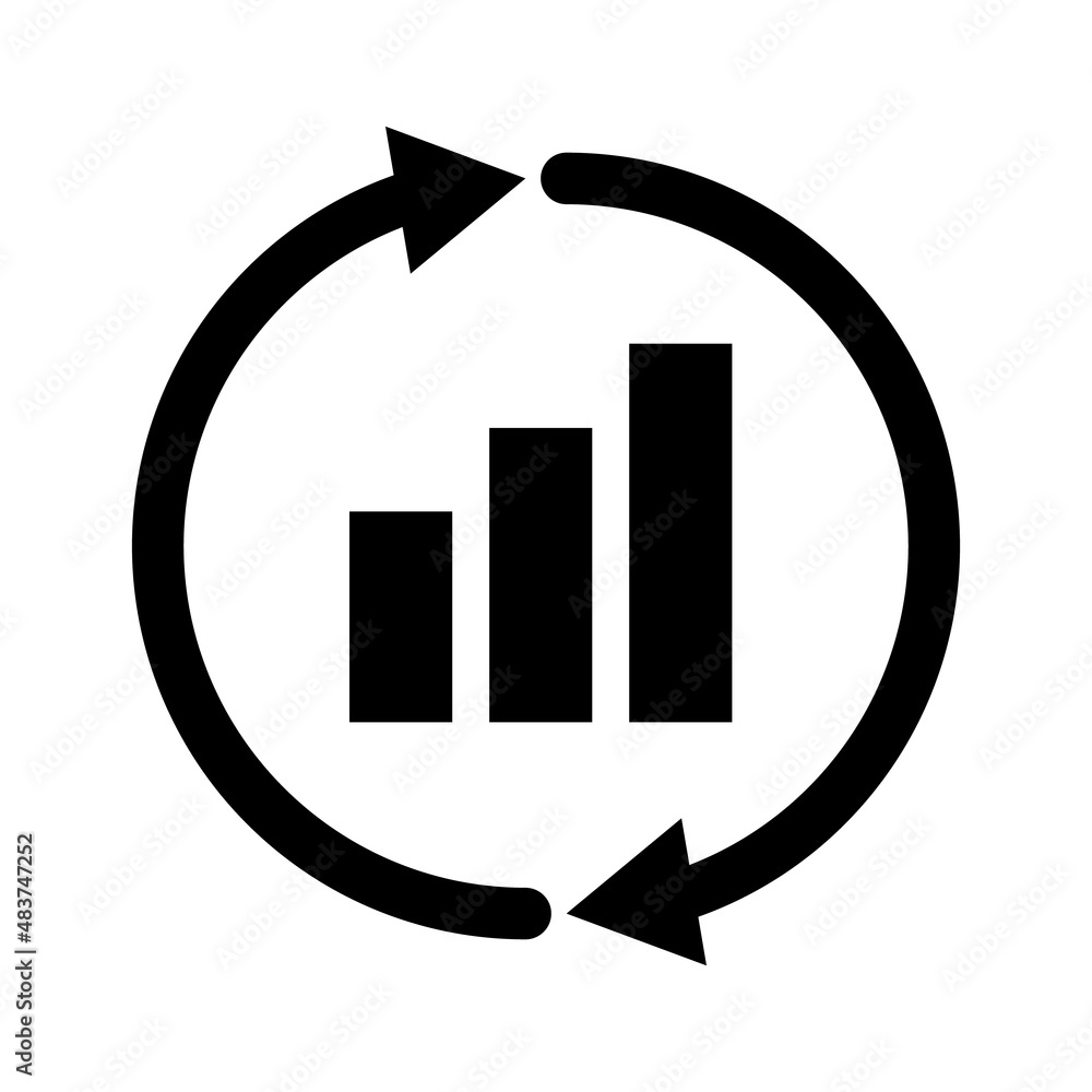 Poster rotating arrow and bar graph silhouette icon. vector.